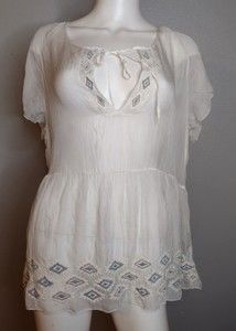 Johnny Was  4LoveAndLiberty Blouse Top Large Ivory Silk Embroidered Boho Q